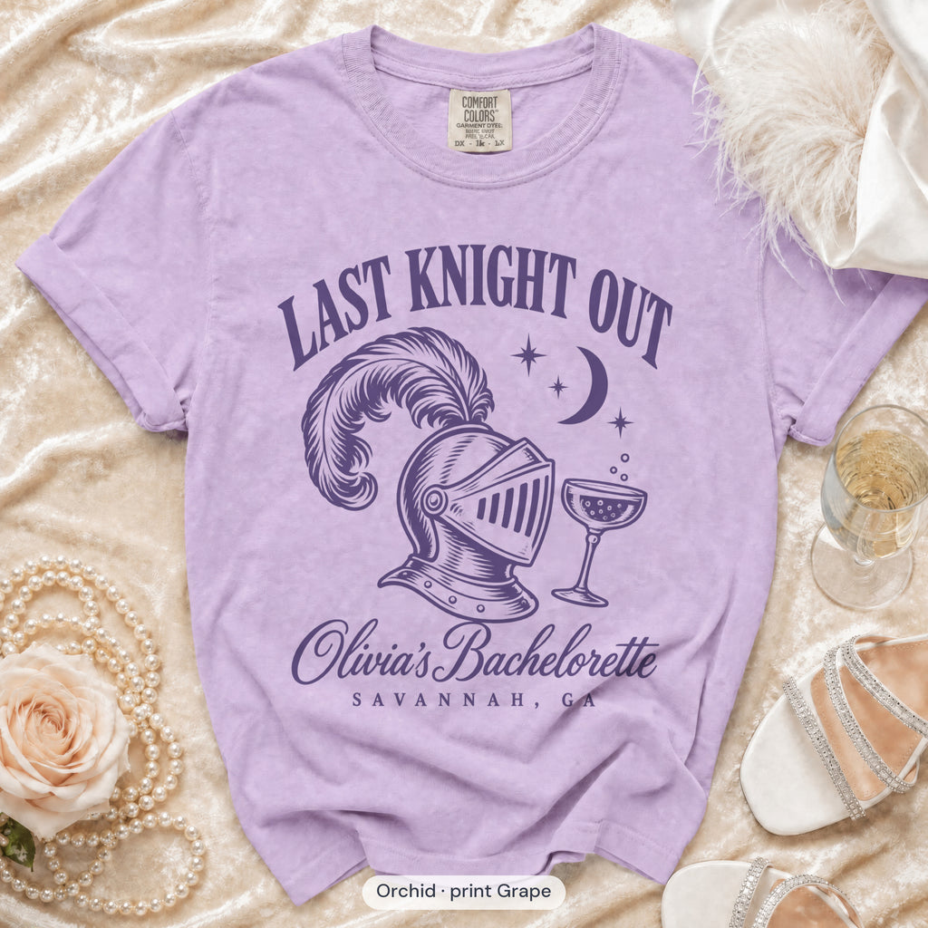Orchid Last Knight Out bachelorette crew t-shirt, print in grape