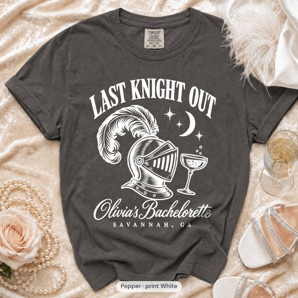Pepper Last Knight Out bachelorette crew t-shirt, print in white