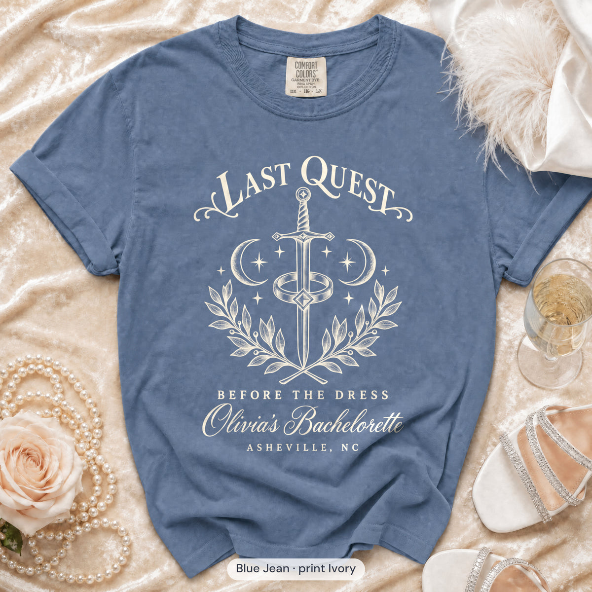 Blue Jean Last Quest Before The Dress bachelorette crew t-shirt, print in ivory