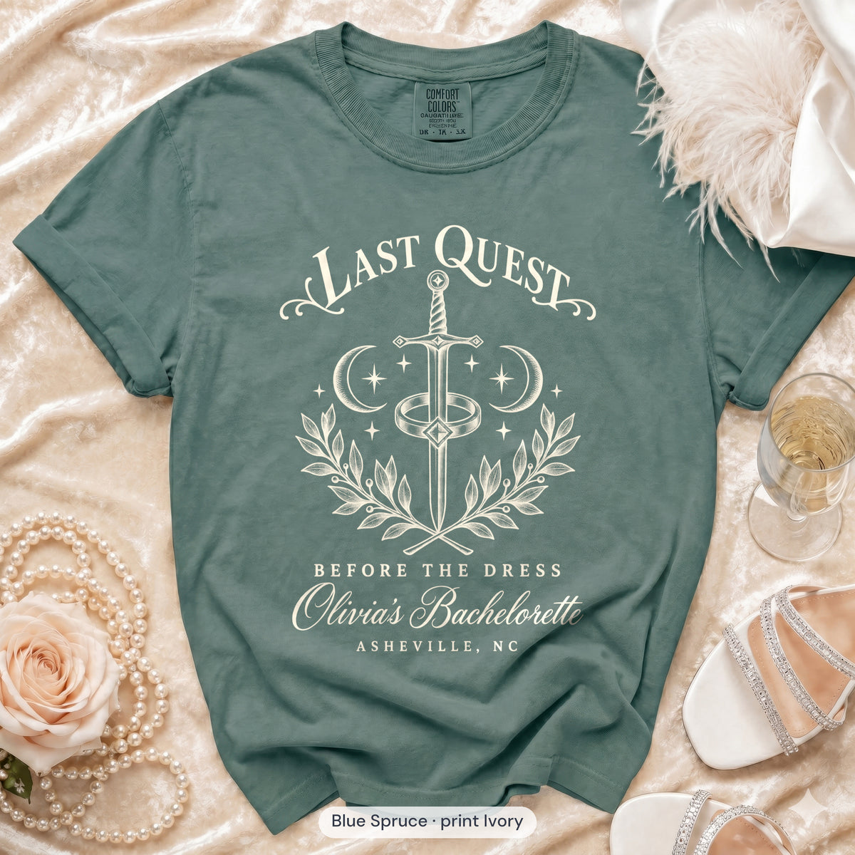 Blue Spruce Last Quest Before The Dress bachelorette crew t-shirt, print in ivory