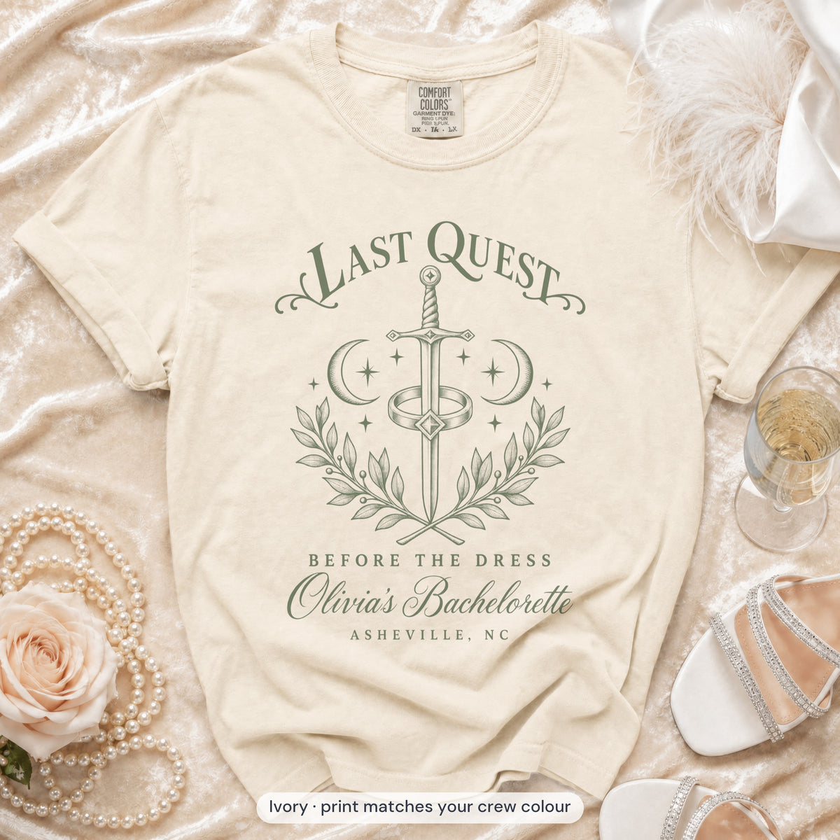 Ivory Last Quest Before The Dress bride t-shirt, print matches your crew colour