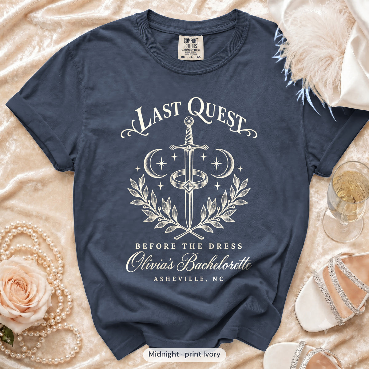 Midnight Last Quest Before The Dress bachelorette crew t-shirt, print in ivory
