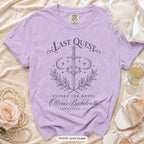 Orchid Last Quest Before The Dress bachelorette crew t-shirt, print in grape