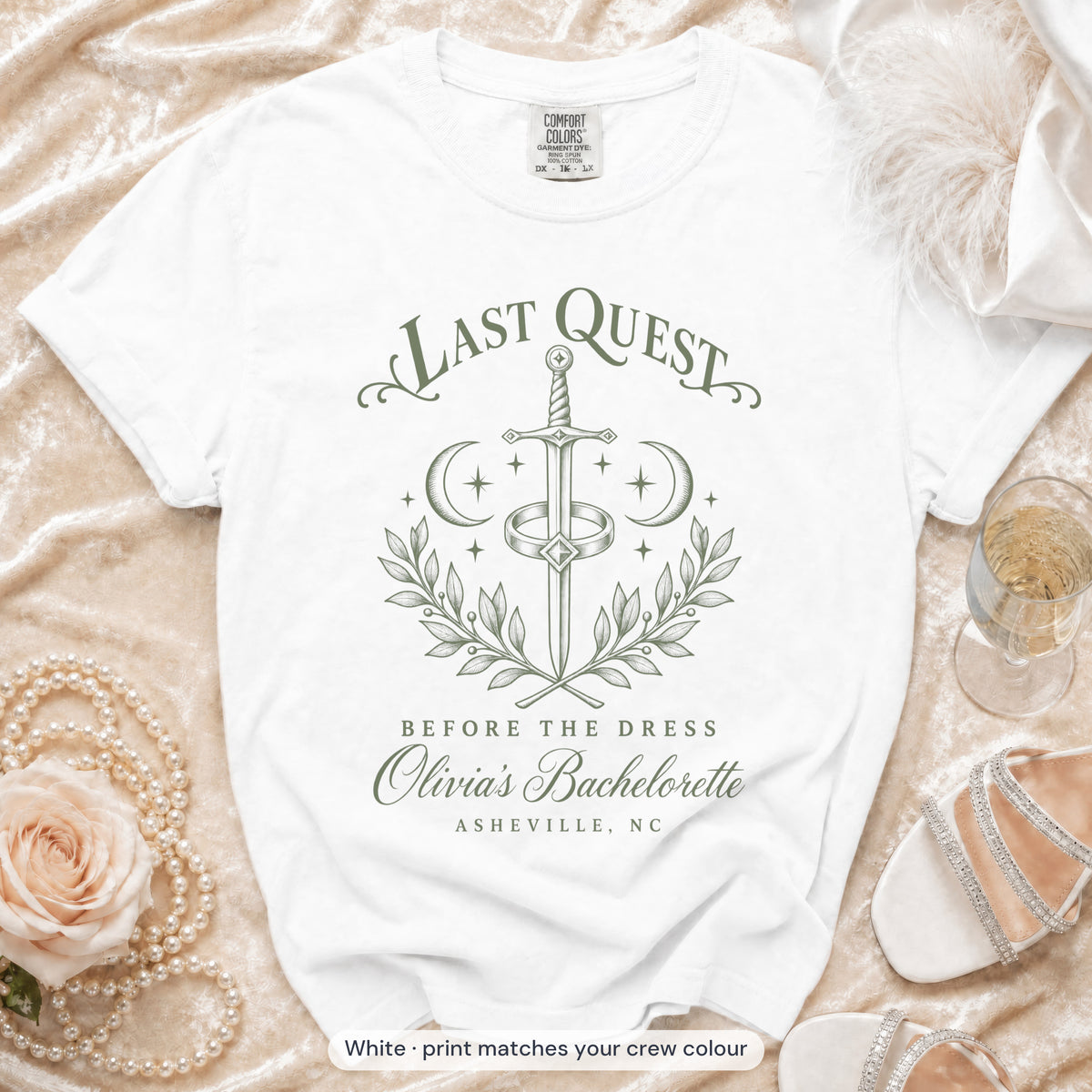 White Last Quest Before The Dress bride t-shirt, print matches your crew colour