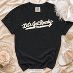 Black Let's Get Rowdy bachelorette crew t-shirt, print in ivory