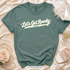 Blue Spruce Let's Get Rowdy bachelorette crew t-shirt, print in ivory