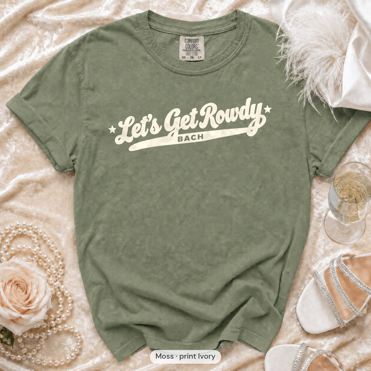 Moss Let's Get Rowdy bachelorette crew t-shirt, print in ivory