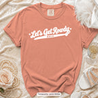 Terracotta Let's Get Rowdy bachelorette crew t-shirt, print in white