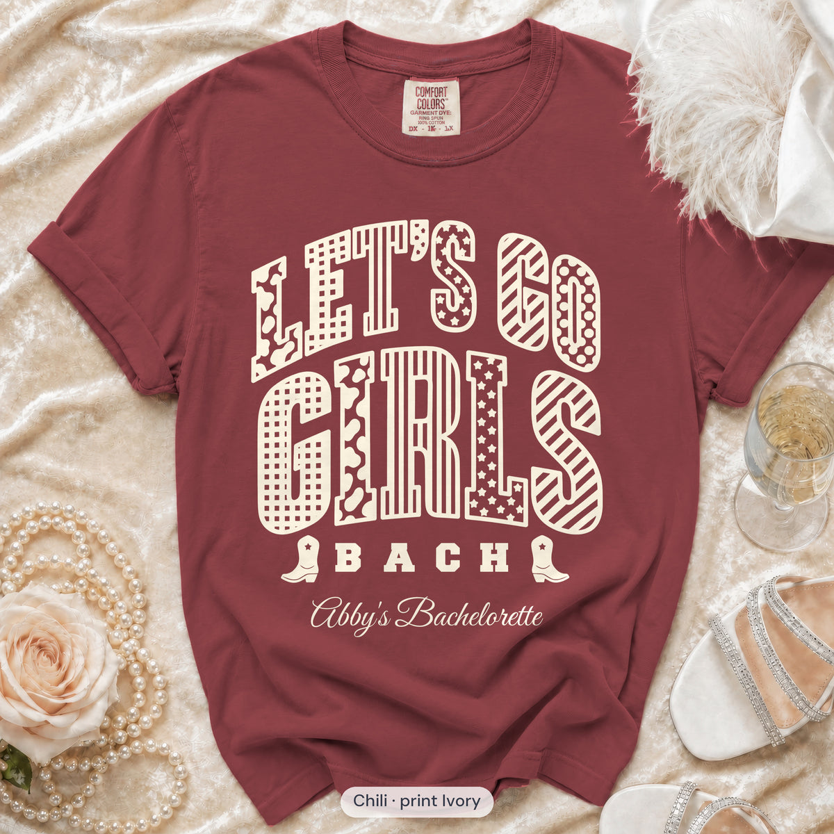 Chili Let's Go Girls bachelorette crew t-shirt, print in ivory