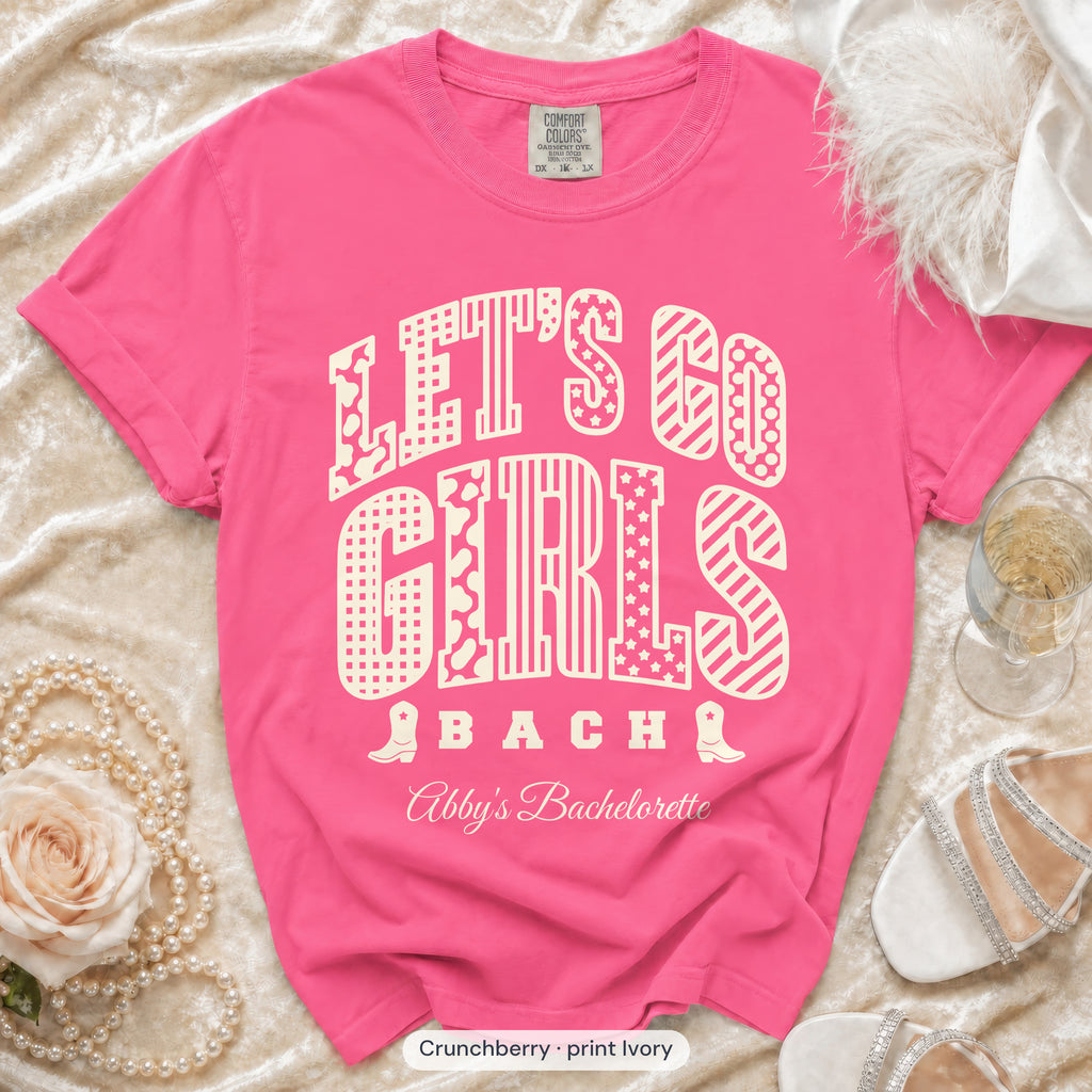 Crunchberry Let's Go Girls bachelorette crew t-shirt, print in ivory