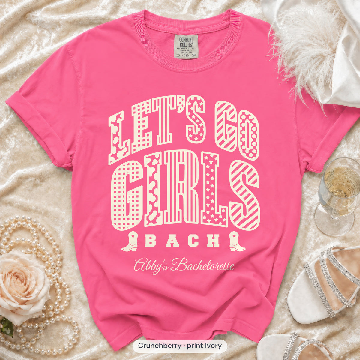 Crunchberry Let's Go Girls bachelorette crew t-shirt, print in ivory