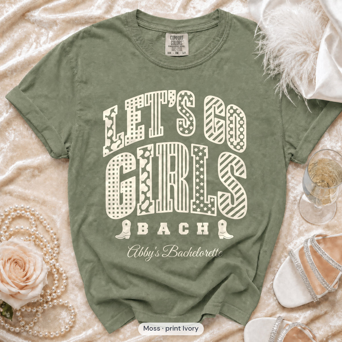 Moss Let's Go Girls bachelorette crew t-shirt, print in ivory