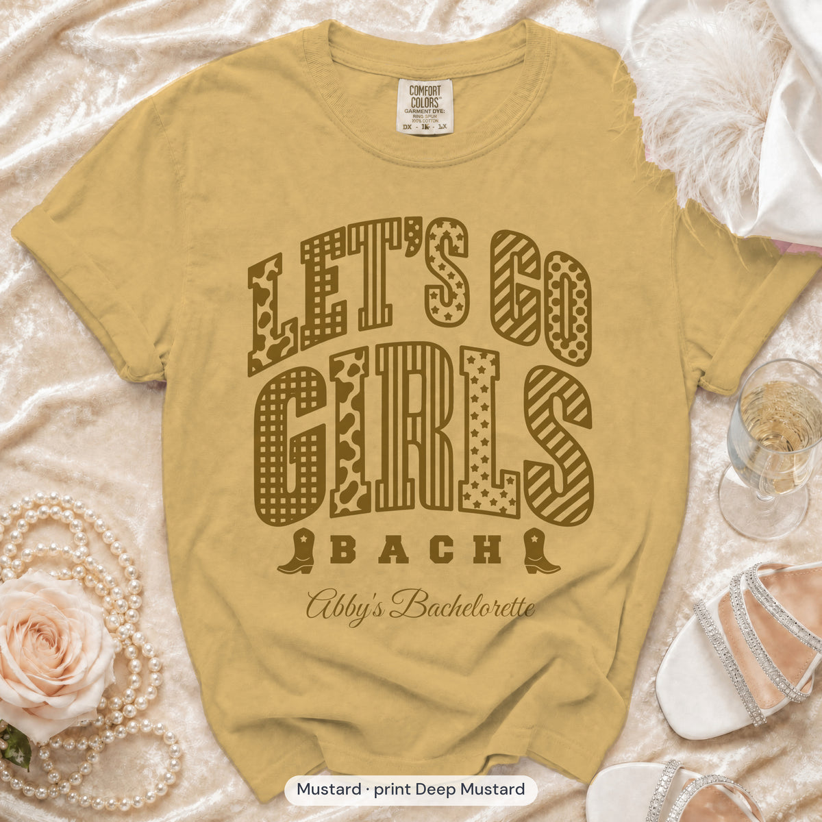 Mustard Let's Go Girls bachelorette crew t-shirt, print in deep mustard