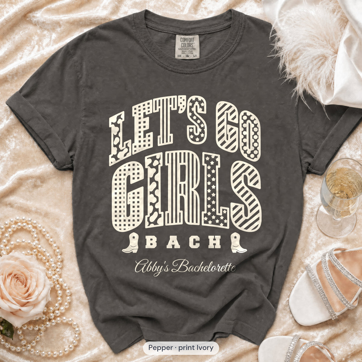 Pepper Let's Go Girls bachelorette crew t-shirt, print in ivory