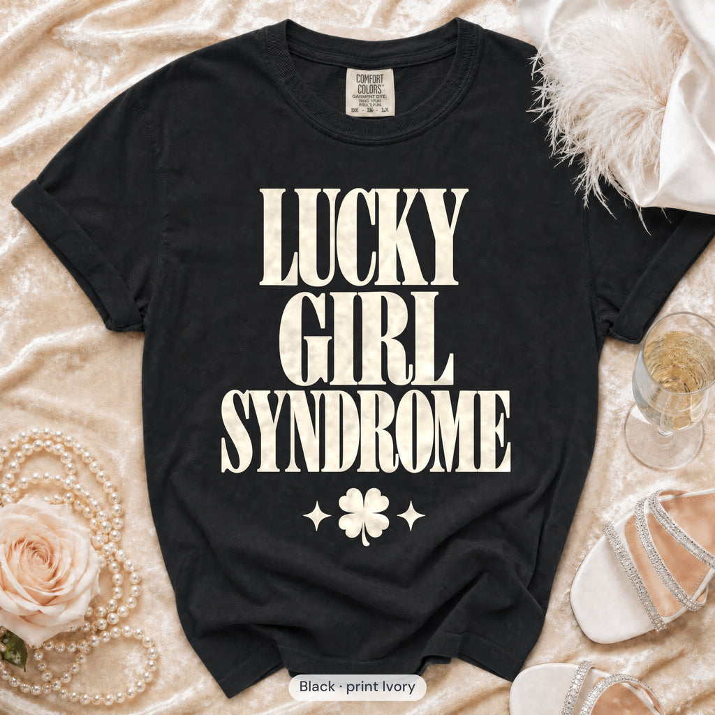 Black Lucky Bride & Lucky Girl Syndrome bachelorette crew t-shirt, print in ivory