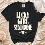 Black Lucky Bride & Lucky Girl Syndrome bachelorette crew t-shirt, print in ivory