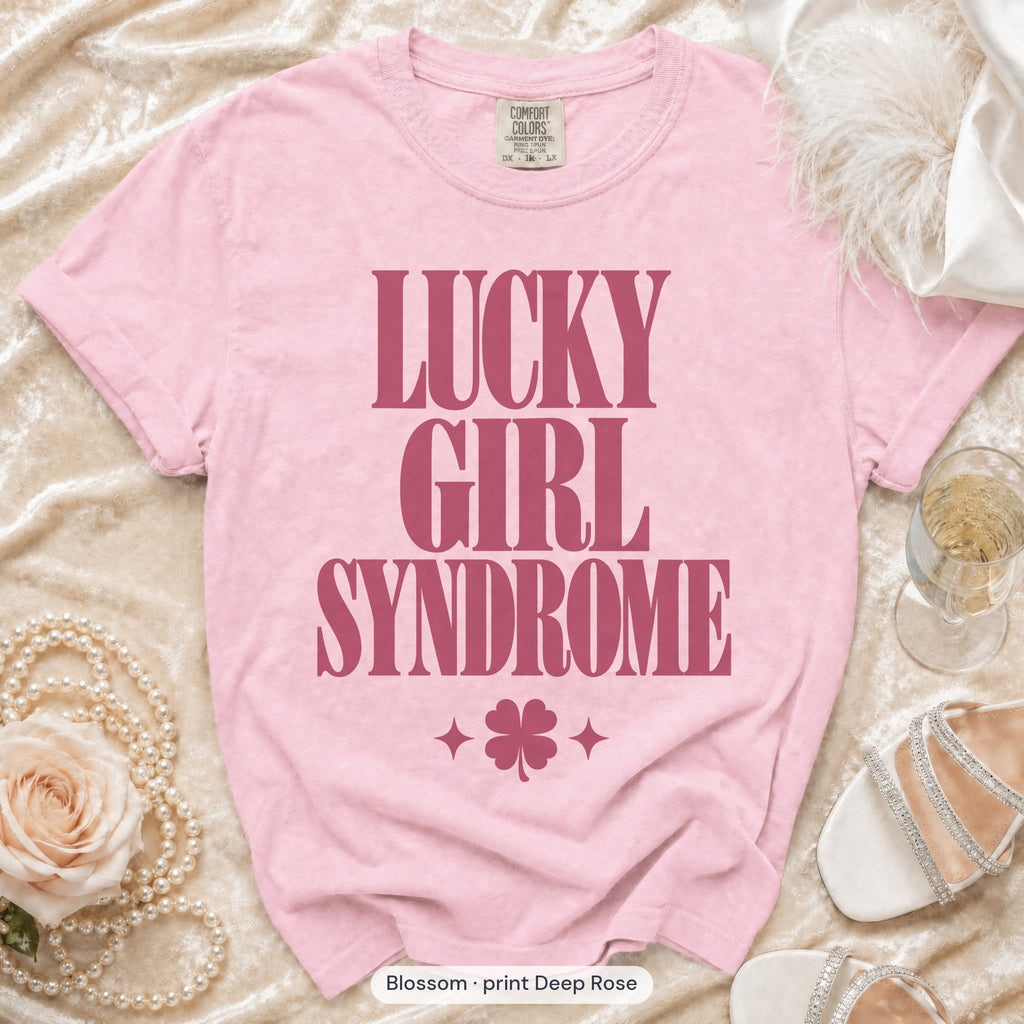 Blossom Lucky Bride & Lucky Girl Syndrome bachelorette crew t-shirt, print in deep rose