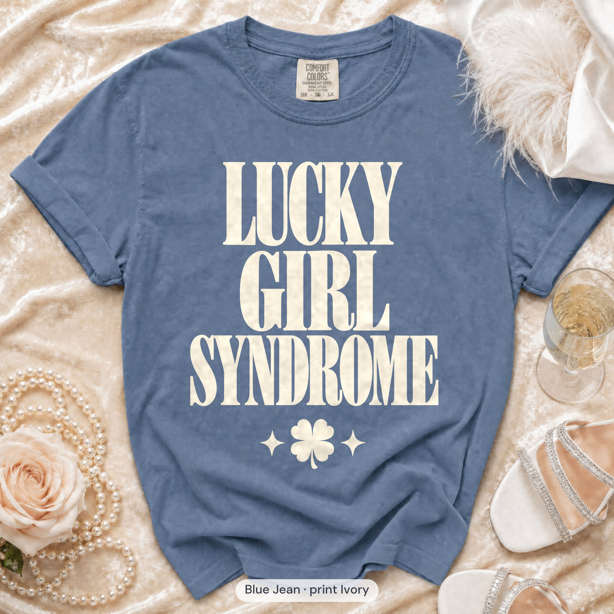 Blue Jean Lucky Bride & Lucky Girl Syndrome bachelorette crew t-shirt, print in ivory