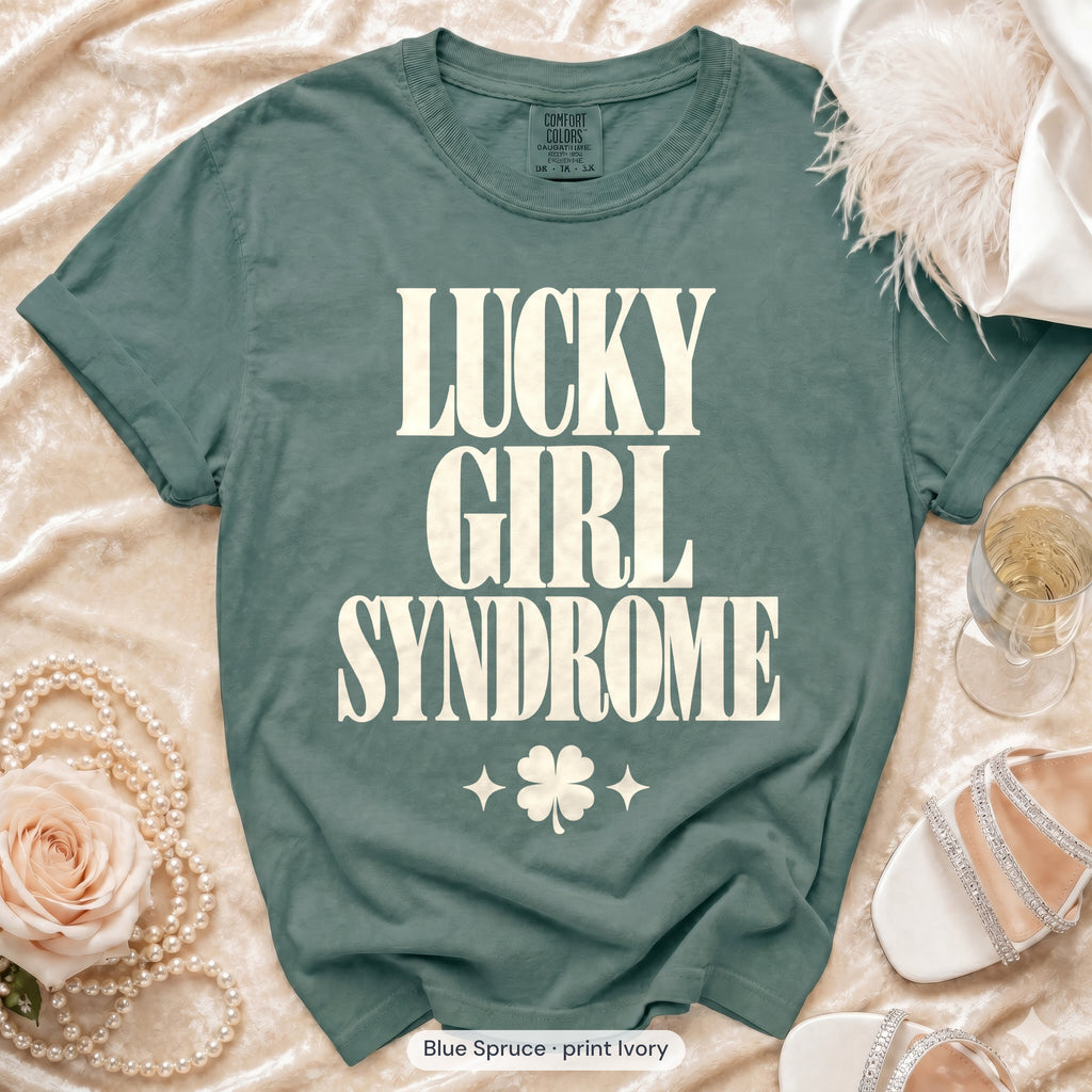 Blue Spruce Lucky Bride & Lucky Girl Syndrome bachelorette crew t-shirt, print in ivory