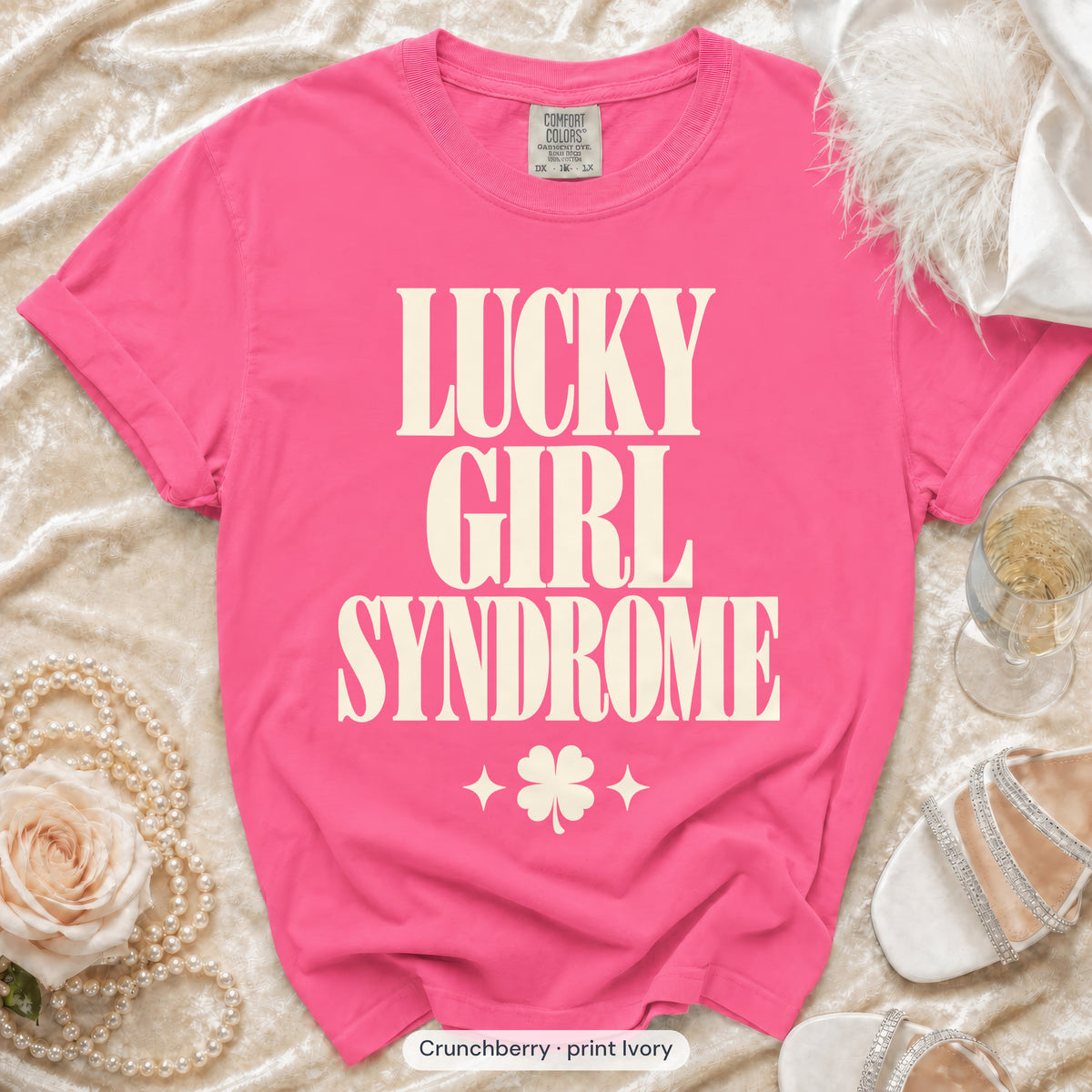 Crunchberry Lucky Bride & Lucky Girl Syndrome bachelorette crew t-shirt, print in ivory