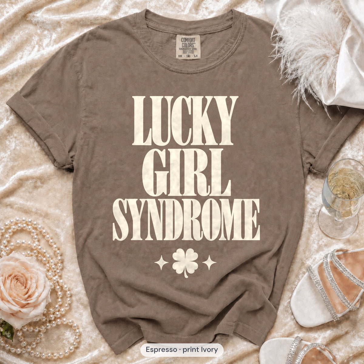Espresso Lucky Bride & Lucky Girl Syndrome bachelorette crew t-shirt, print in ivory