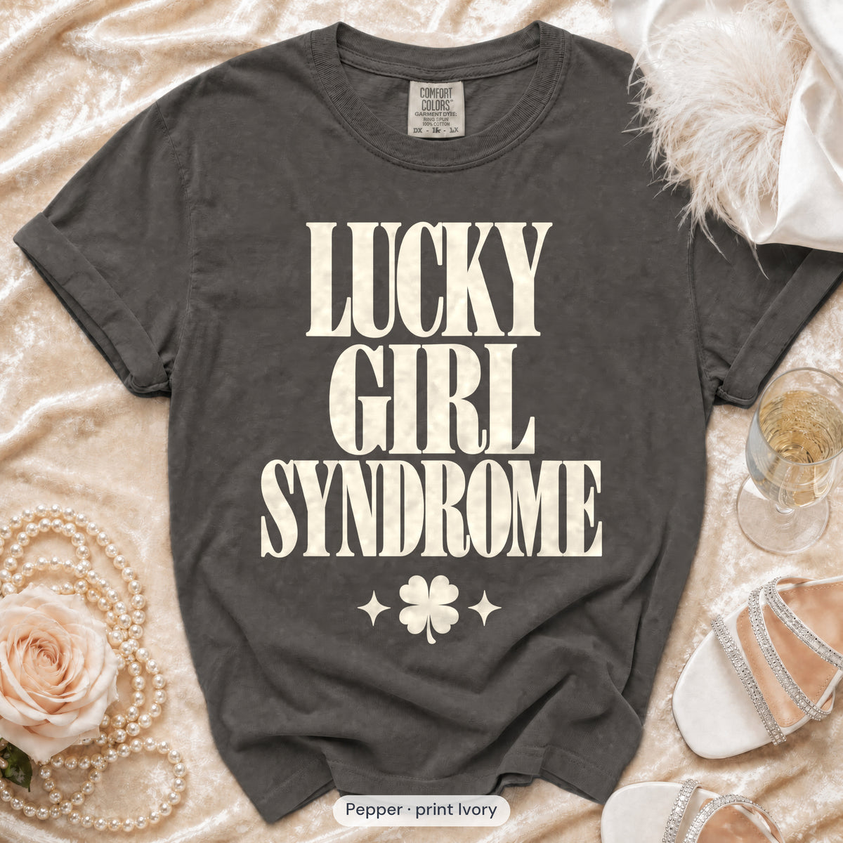Pepper Lucky Bride & Lucky Girl Syndrome bachelorette crew t-shirt, print in ivory