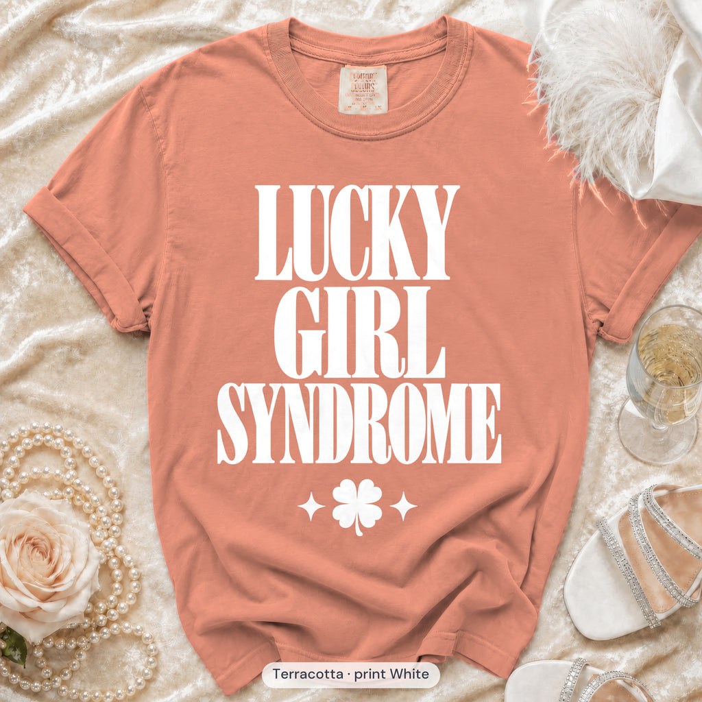 Terracotta Lucky Bride & Lucky Girl Syndrome bachelorette crew t-shirt, print in white