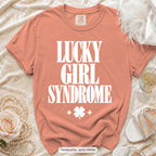 Terracotta Lucky Bride & Lucky Girl Syndrome bachelorette crew t-shirt, print in white