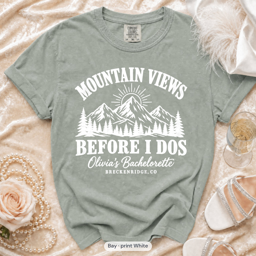 Bay Mountain Views Before I Dos bachelorette crew t-shirt, print in white