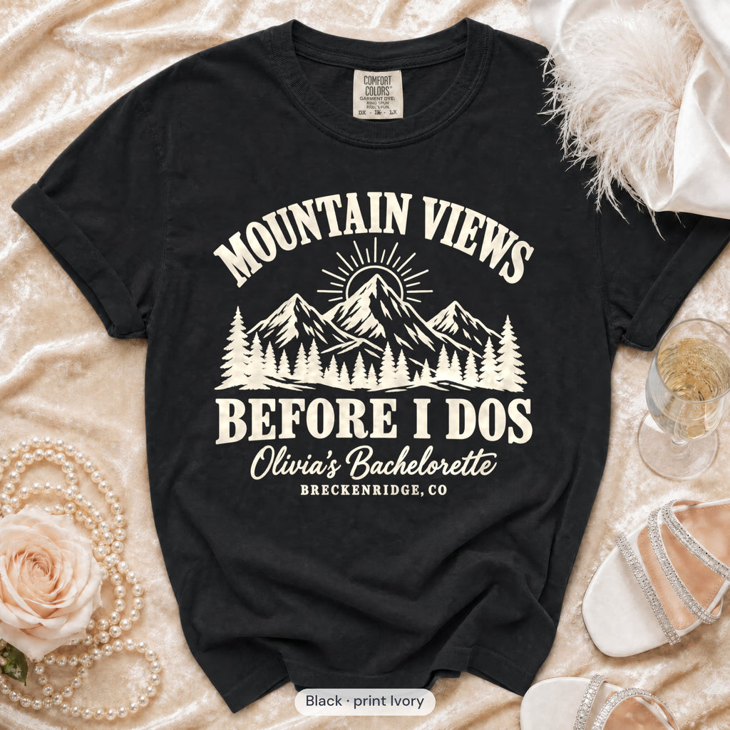 Black Mountain Views Before I Dos bachelorette crew t-shirt, print in ivory