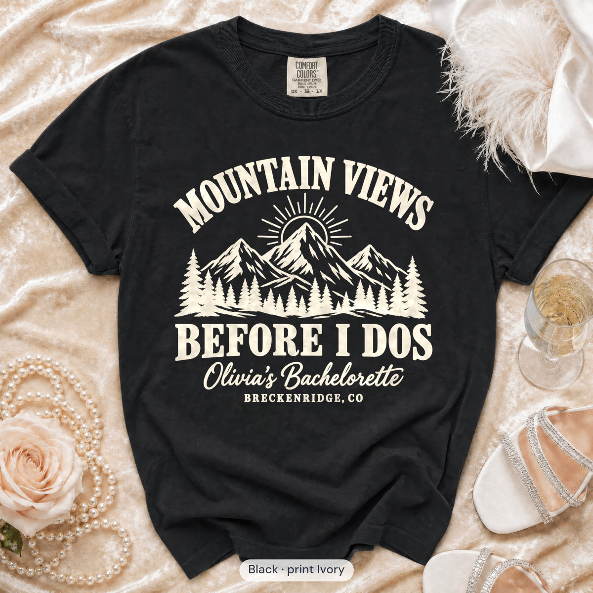 Black Mountain Views Before I Dos bachelorette crew t-shirt, print in ivory