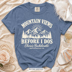 Blue Jean Mountain Views Before I Dos bachelorette crew t-shirt, print in ivory