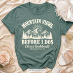 Blue Spruce Mountain Views Before I Dos bachelorette crew t-shirt, print in ivory