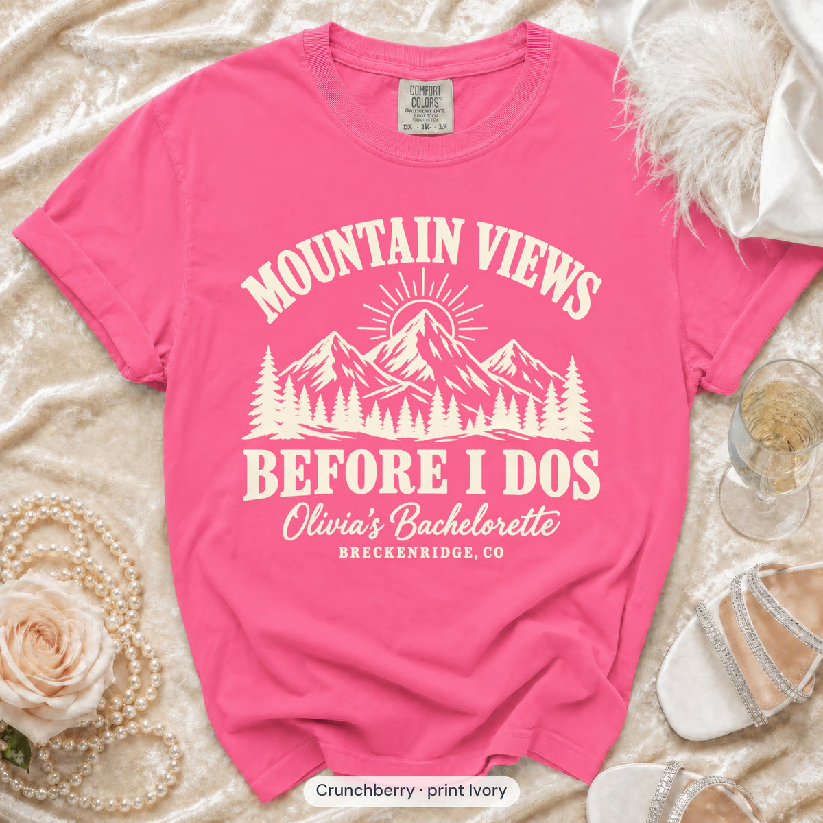 Crunchberry Mountain Views Before I Dos bachelorette crew t-shirt, print in ivory