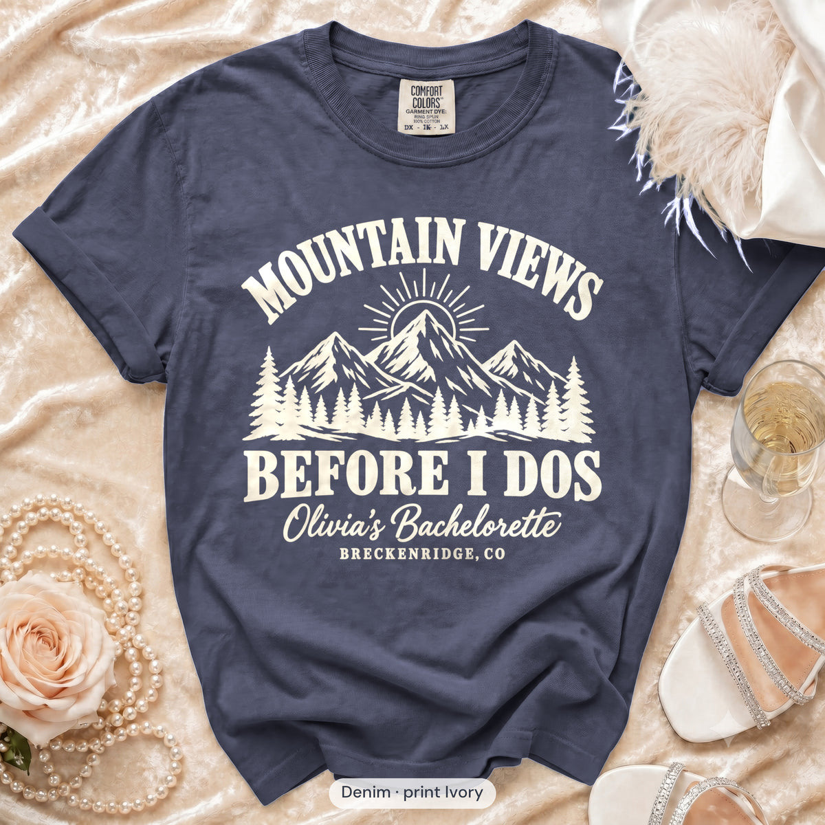 Denim Mountain Views Before I Dos bachelorette crew t-shirt, print in ivory