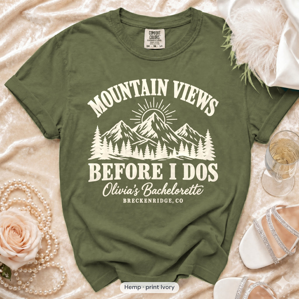 Hemp Mountain Views Before I Dos bachelorette crew t-shirt, print in ivory
