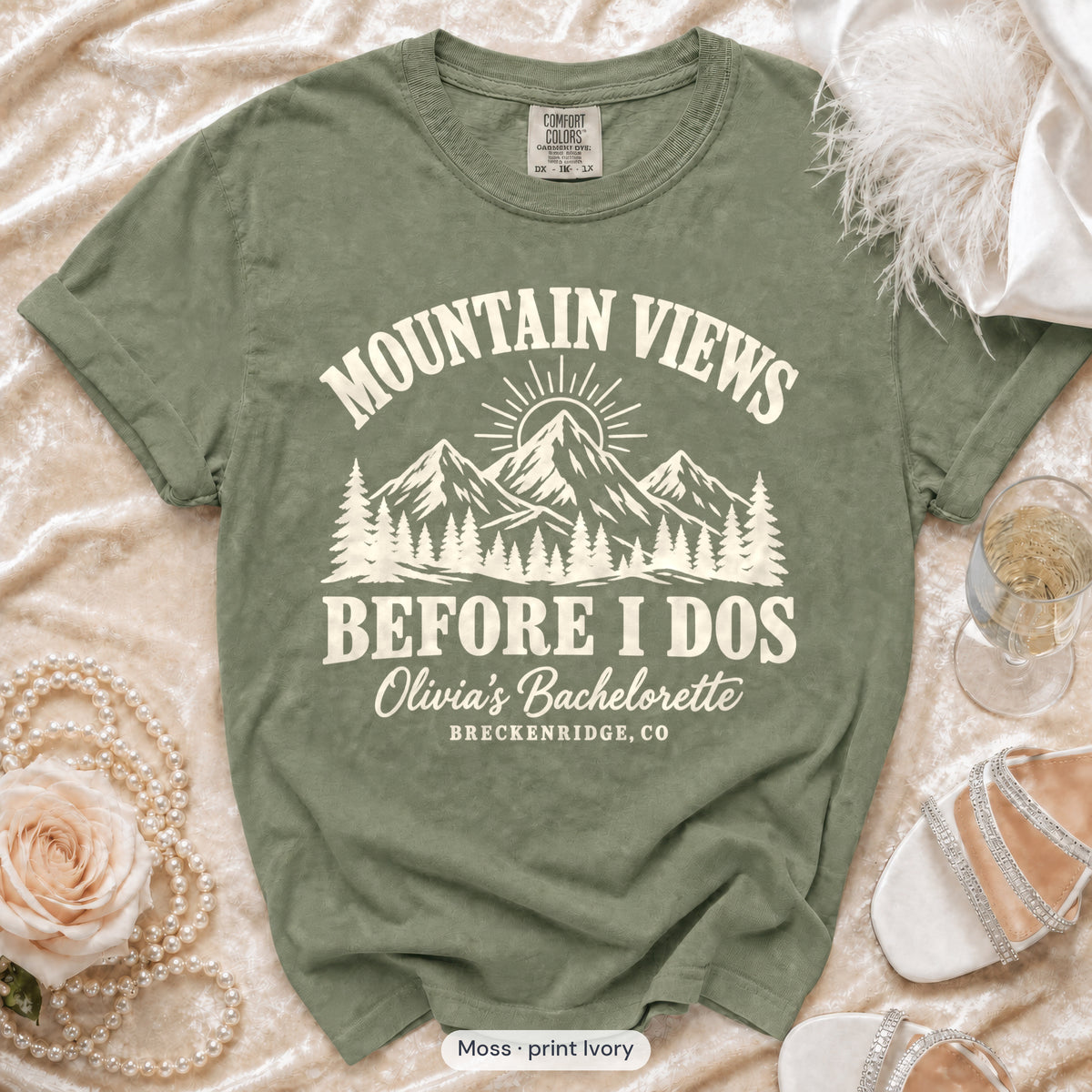 Moss Mountain Views Before I Dos bachelorette crew t-shirt, print in ivory
