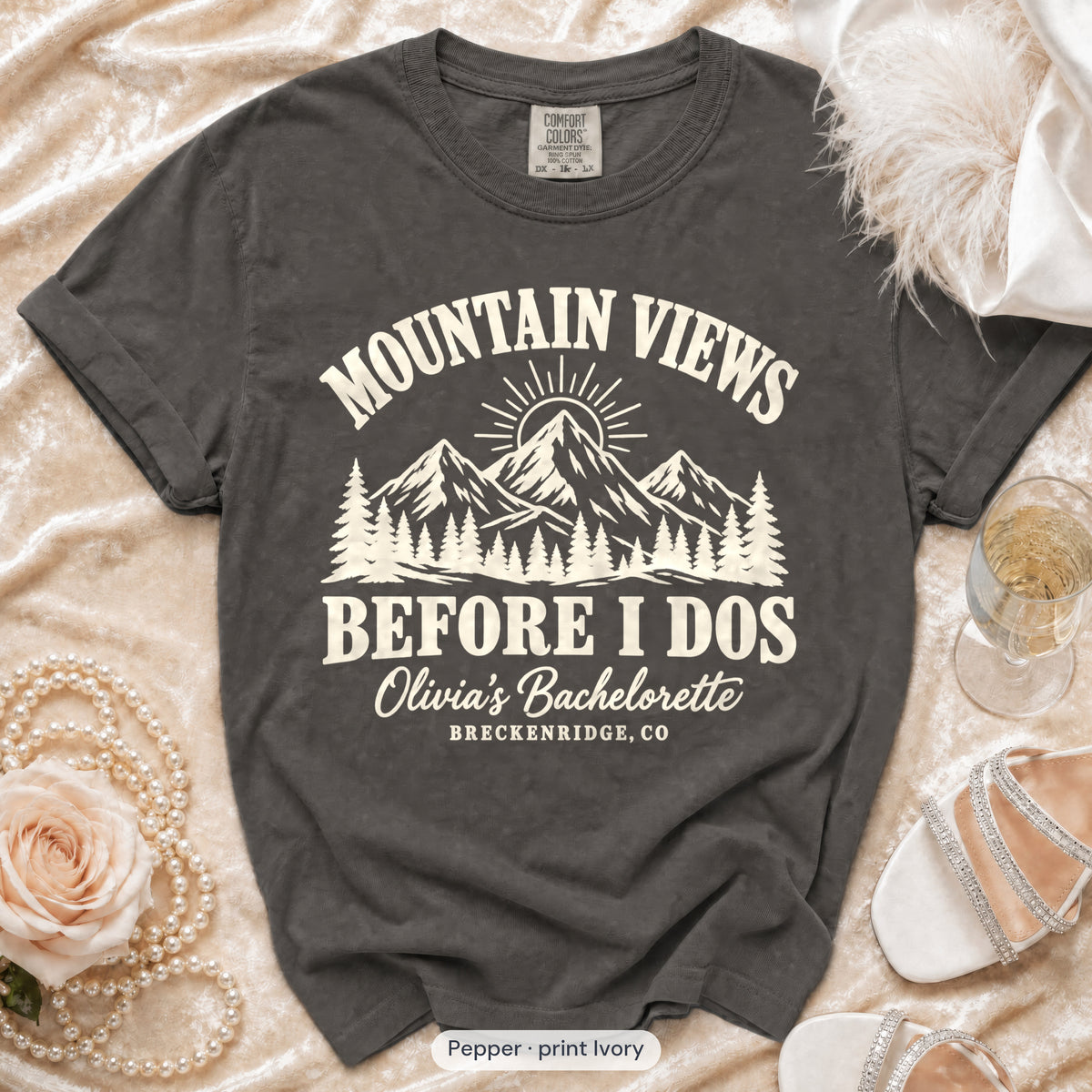 Pepper Mountain Views Before I Dos bachelorette crew t-shirt, print in ivory