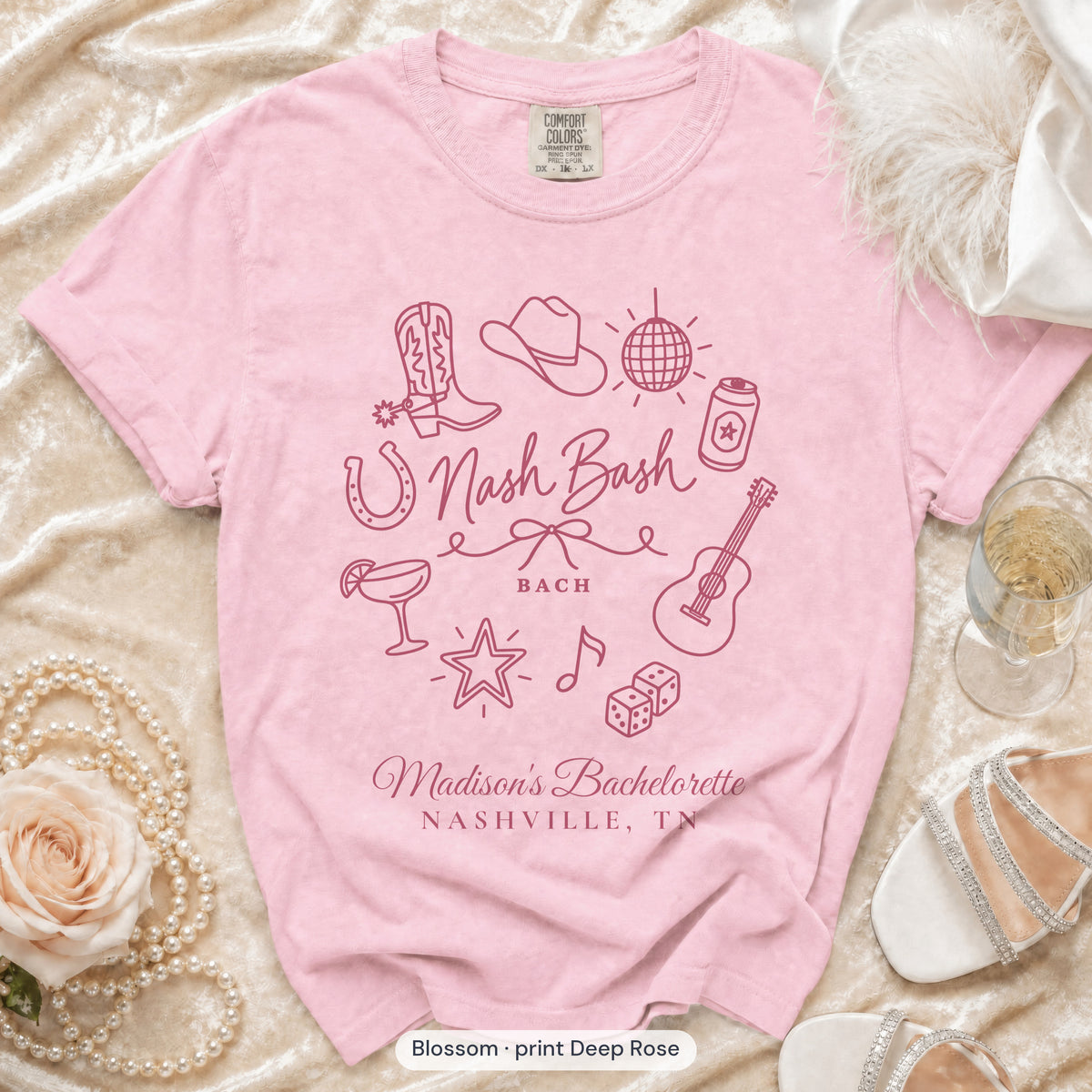 Blossom Nash Bash bachelorette crew t-shirt, print in deep rose