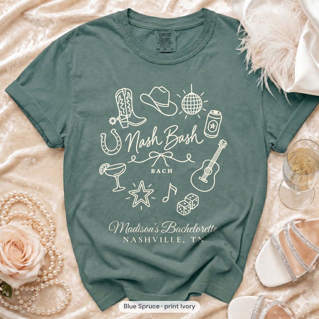 Blue Spruce Nash Bash bachelorette crew t-shirt, print in ivory