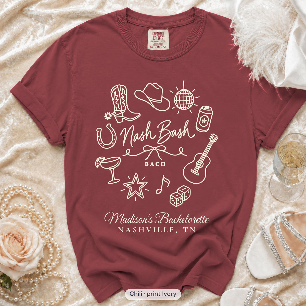 Chili Nash Bash bachelorette crew t-shirt, print in ivory