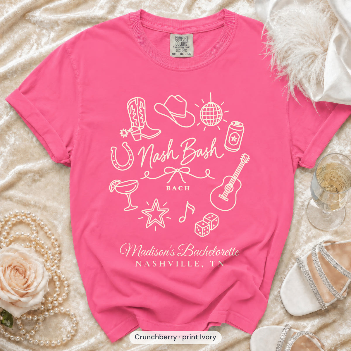 Crunchberry Nash Bash bachelorette crew t-shirt, print in ivory