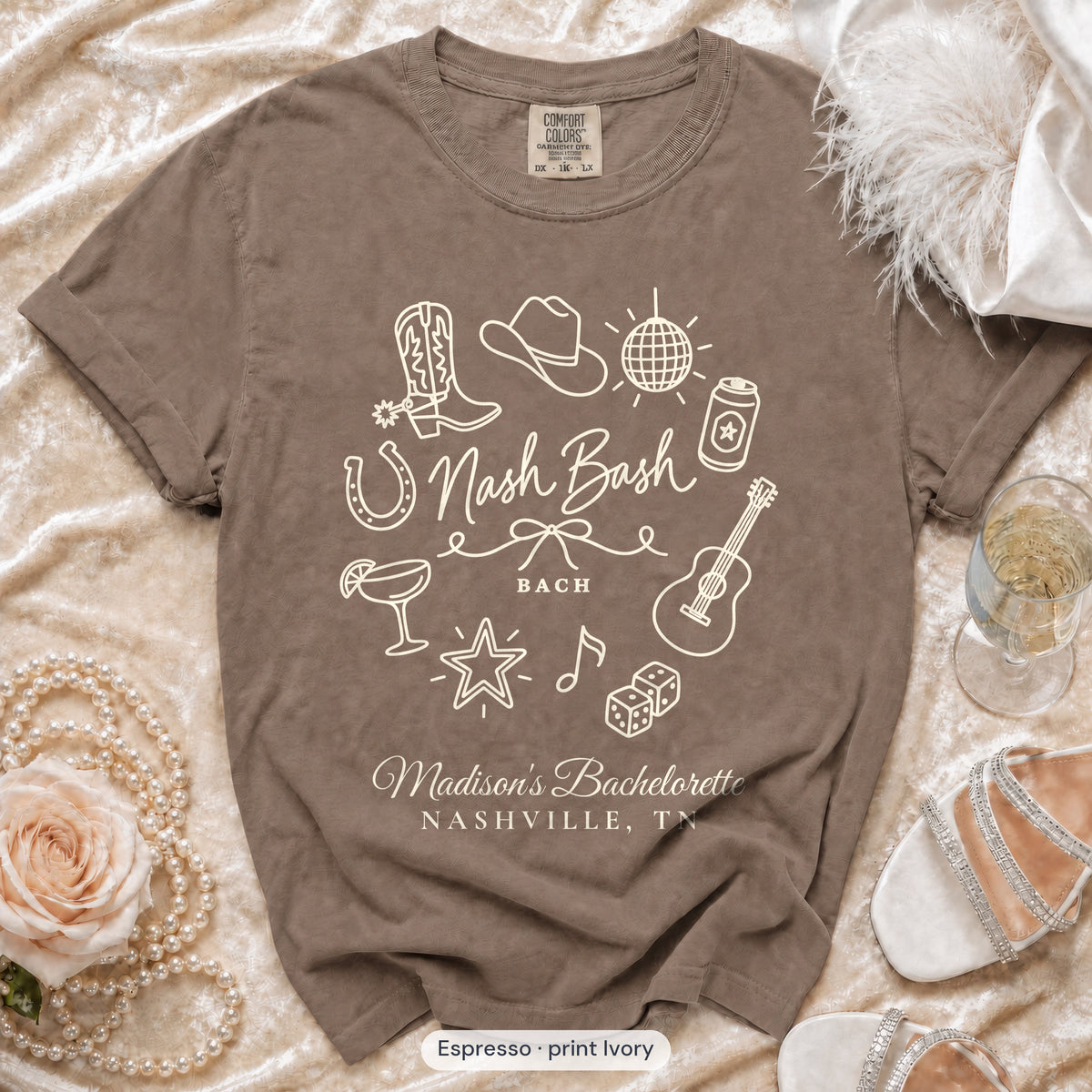 Espresso Nash Bash bachelorette crew t-shirt, print in ivory