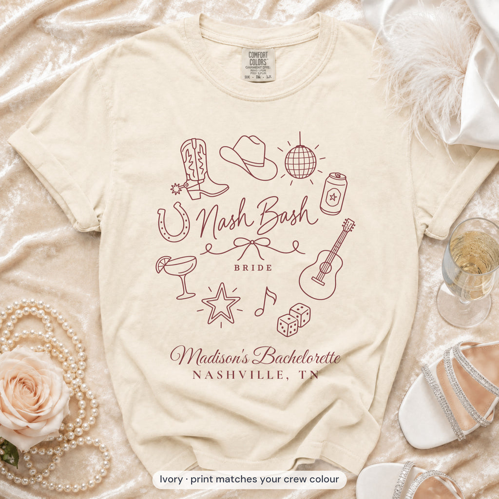 Ivory Nash Bash bride t-shirt, print matches your crew colour