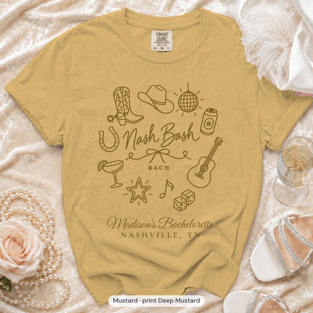 Mustard Nash Bash bachelorette crew t-shirt, print in deep mustard