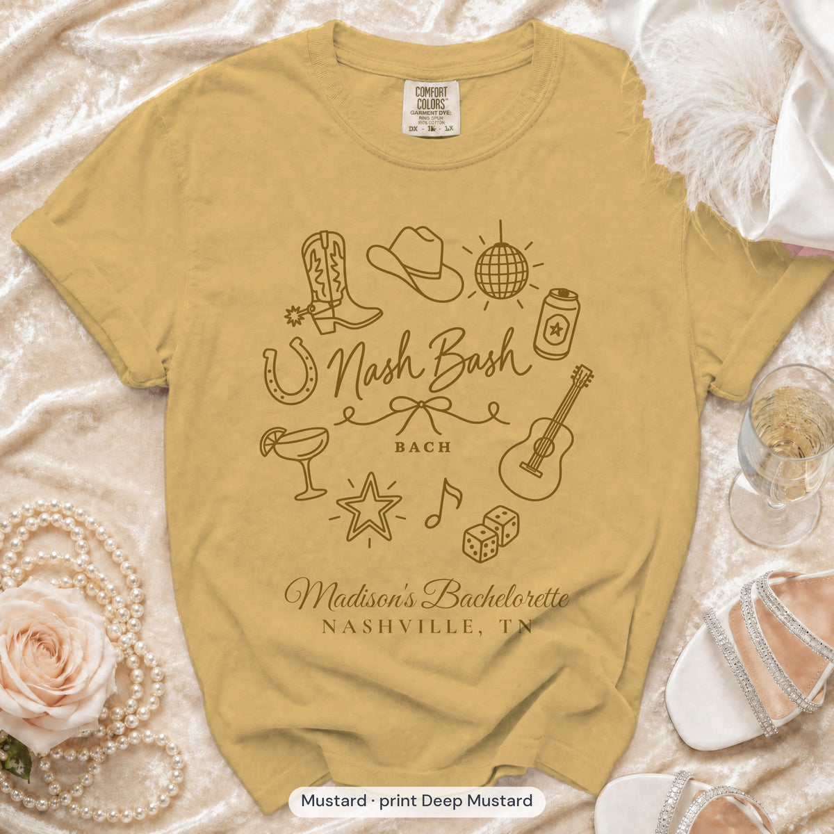 Mustard Nash Bash bachelorette crew t-shirt, print in deep mustard