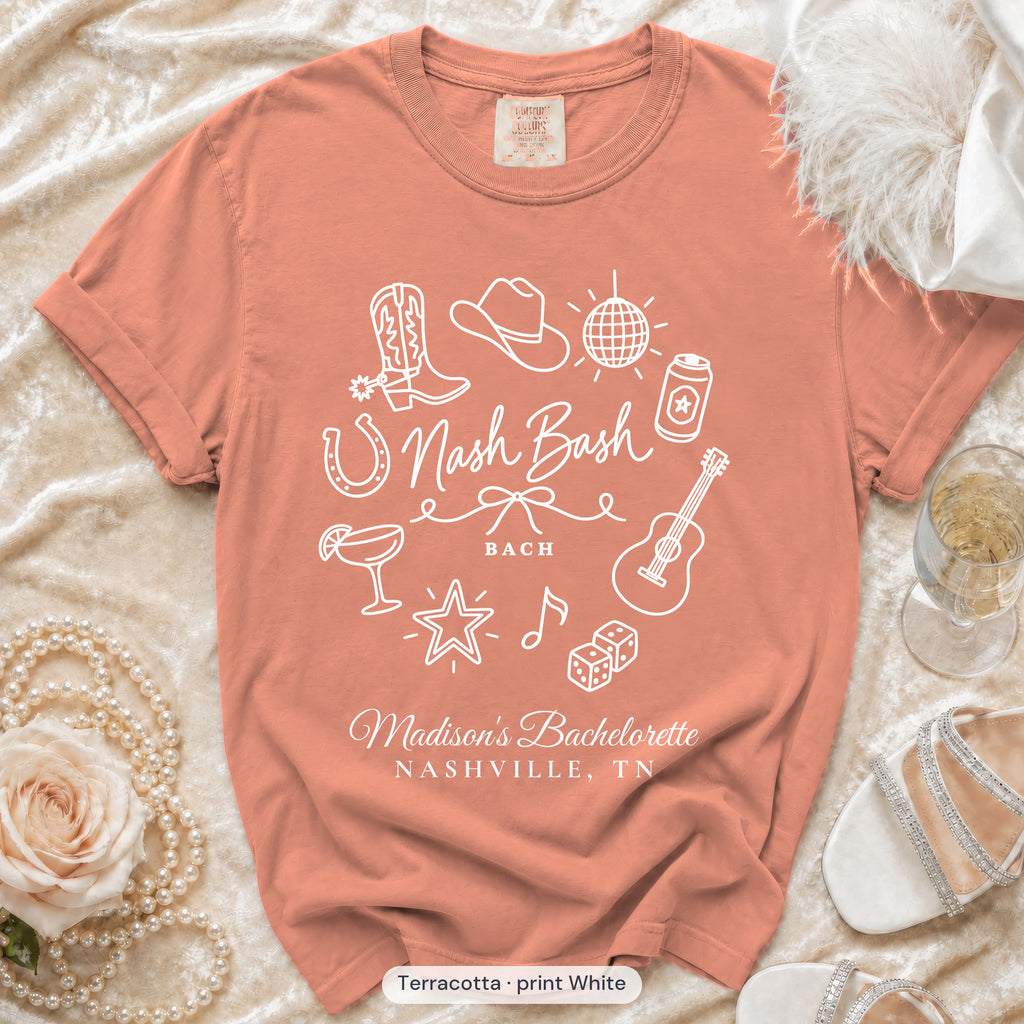 Terracotta Nash Bash bachelorette crew t-shirt, print in white