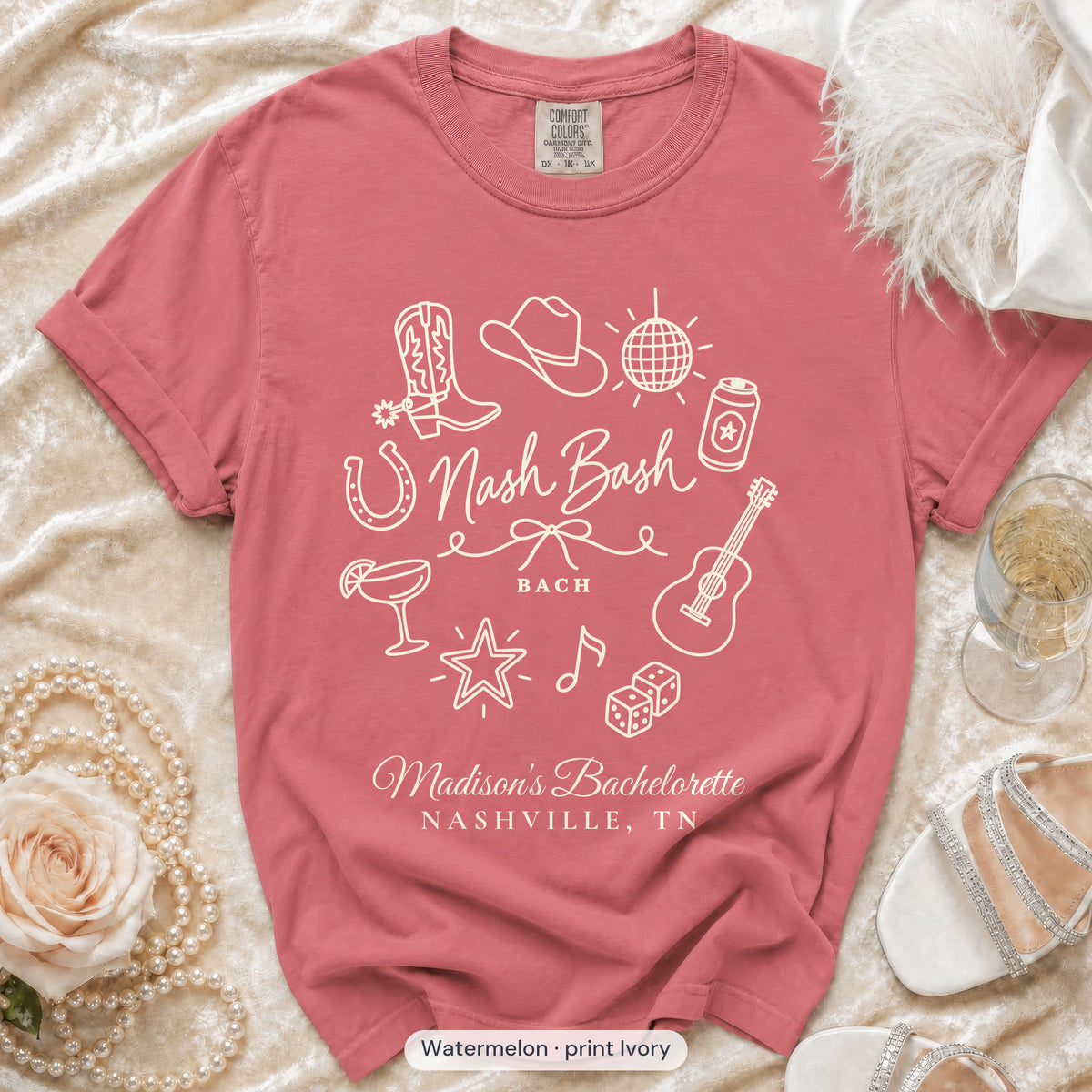 Watermelon Nash Bash bachelorette crew t-shirt, print in ivory