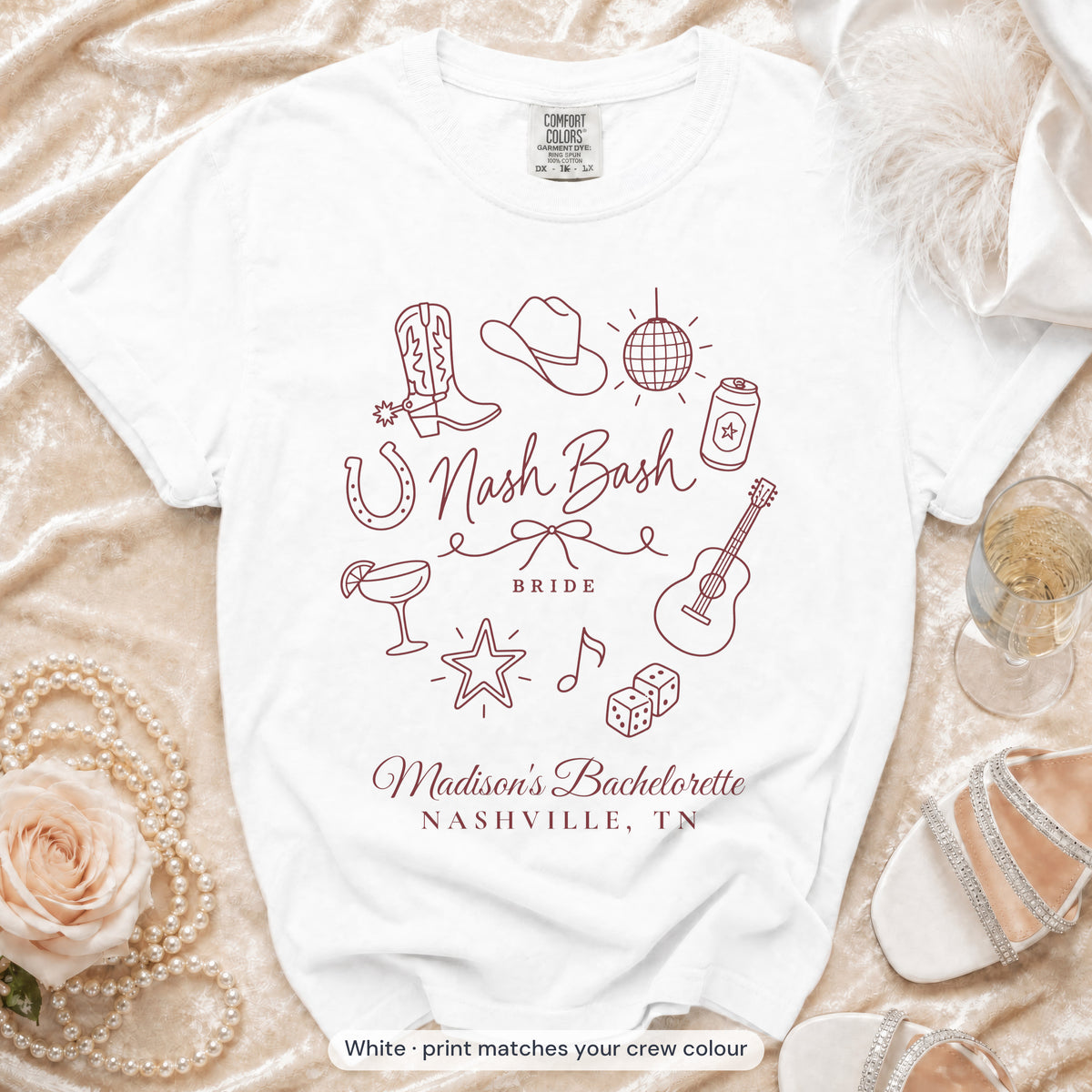 White Nash Bash bride t-shirt, print matches your crew colour