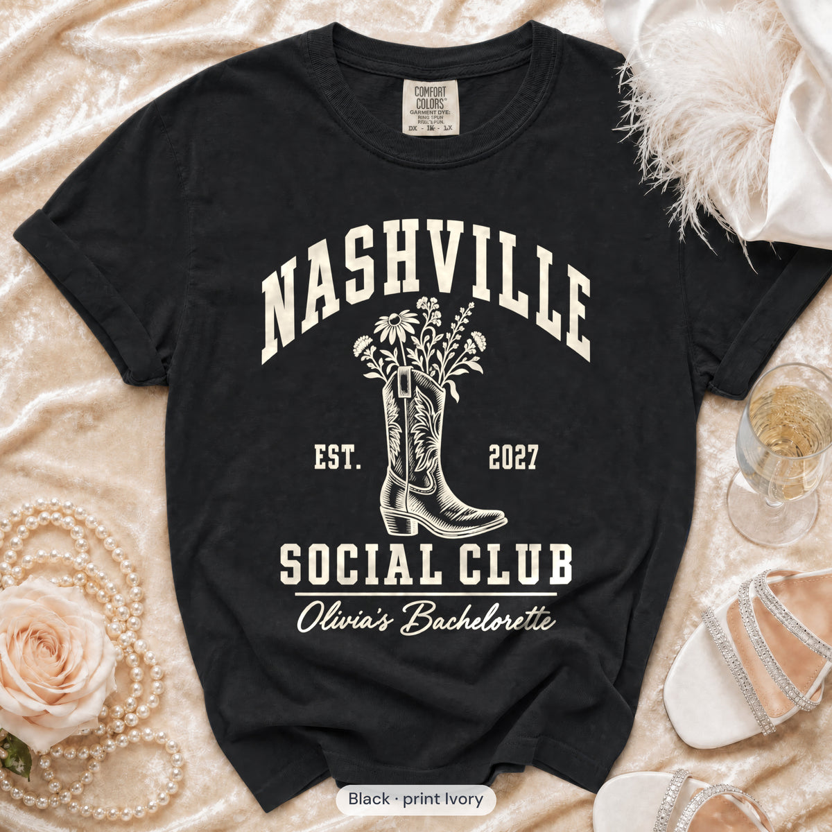 Black Nashville Social Club bachelorette crew t-shirt, print in ivory
